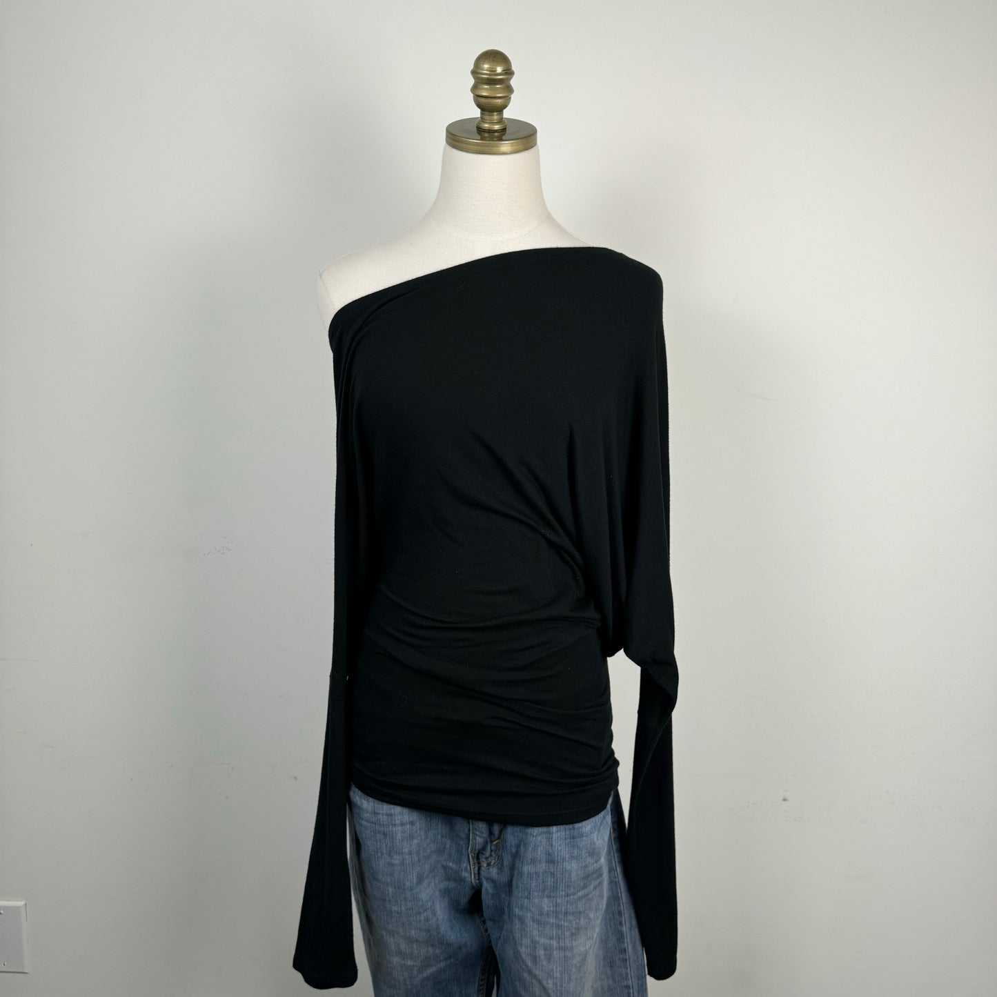 Black Asymmetric Draped Off Shoulder Long Sleeve Top