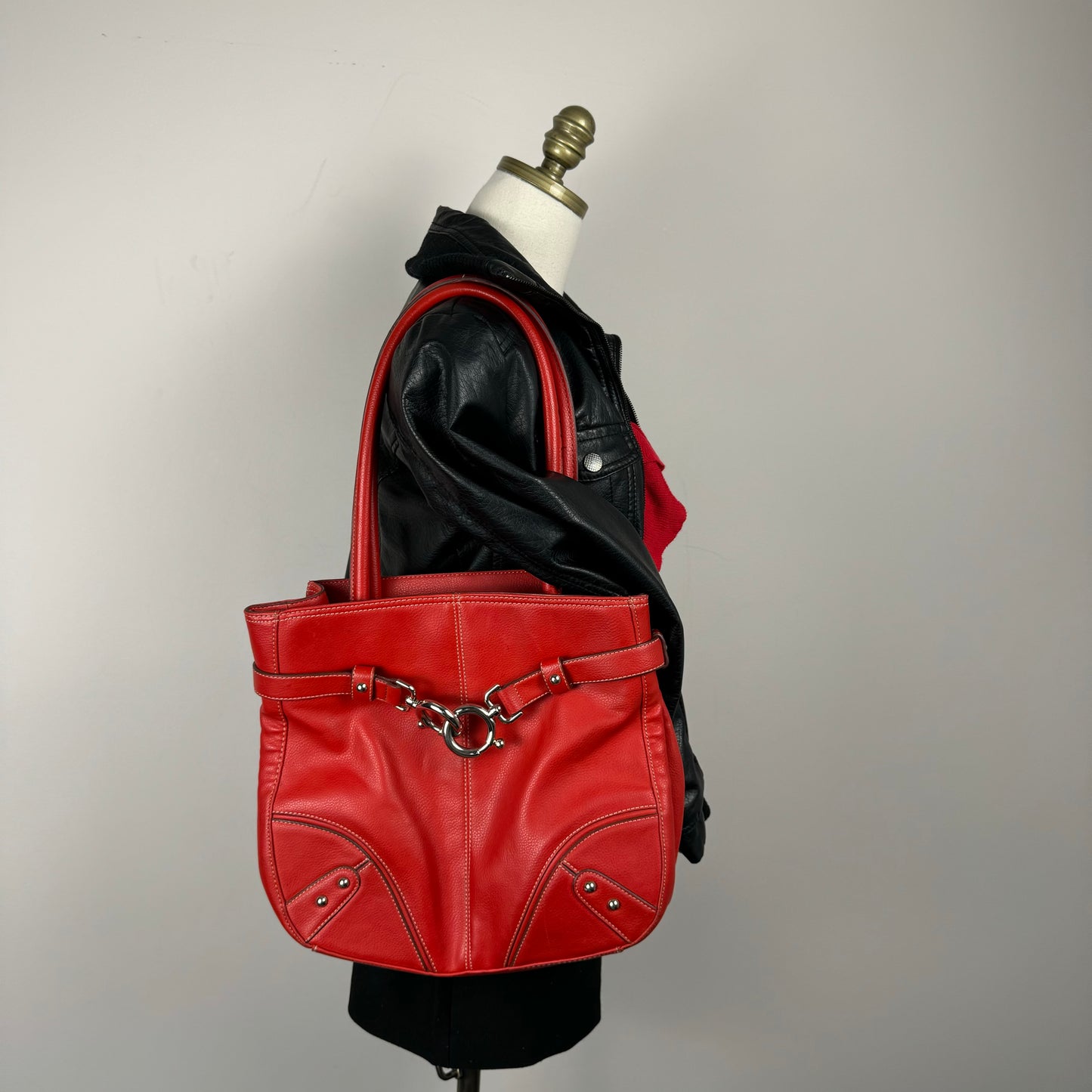 Red Leather Silver Buckle Shoulder Bag
