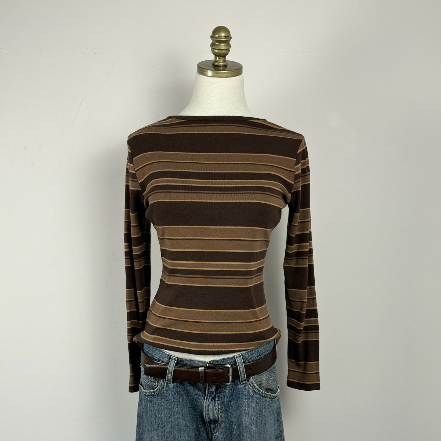 Brown Striped Fitted Long Sleeve Top