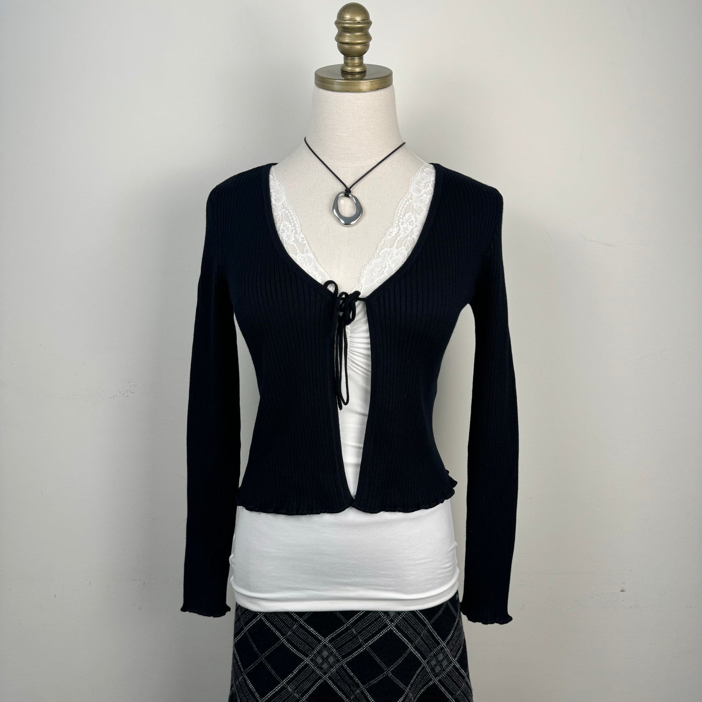 Black Open Front Tie Up Fitted Cardigan