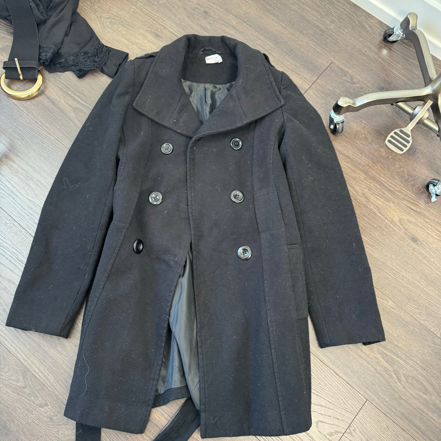 Vintage Black Wool Button Up Trench Coat