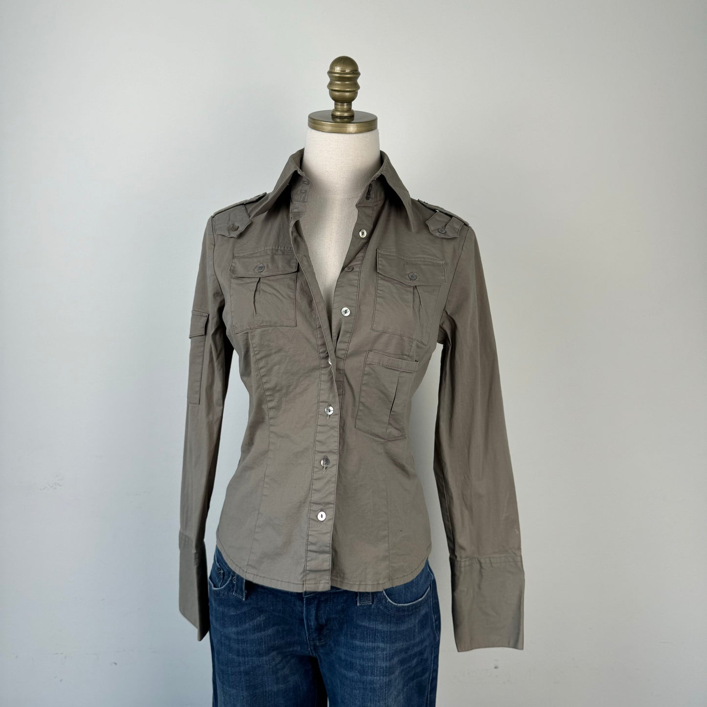 Khaki/Olive Green Fitted Utility Button Up Shirt