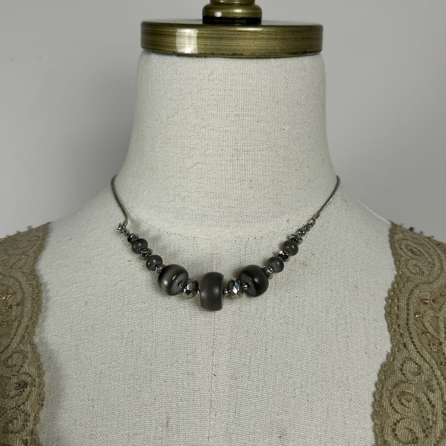 Vintage Blue-Grey Beaded Silver Necklace