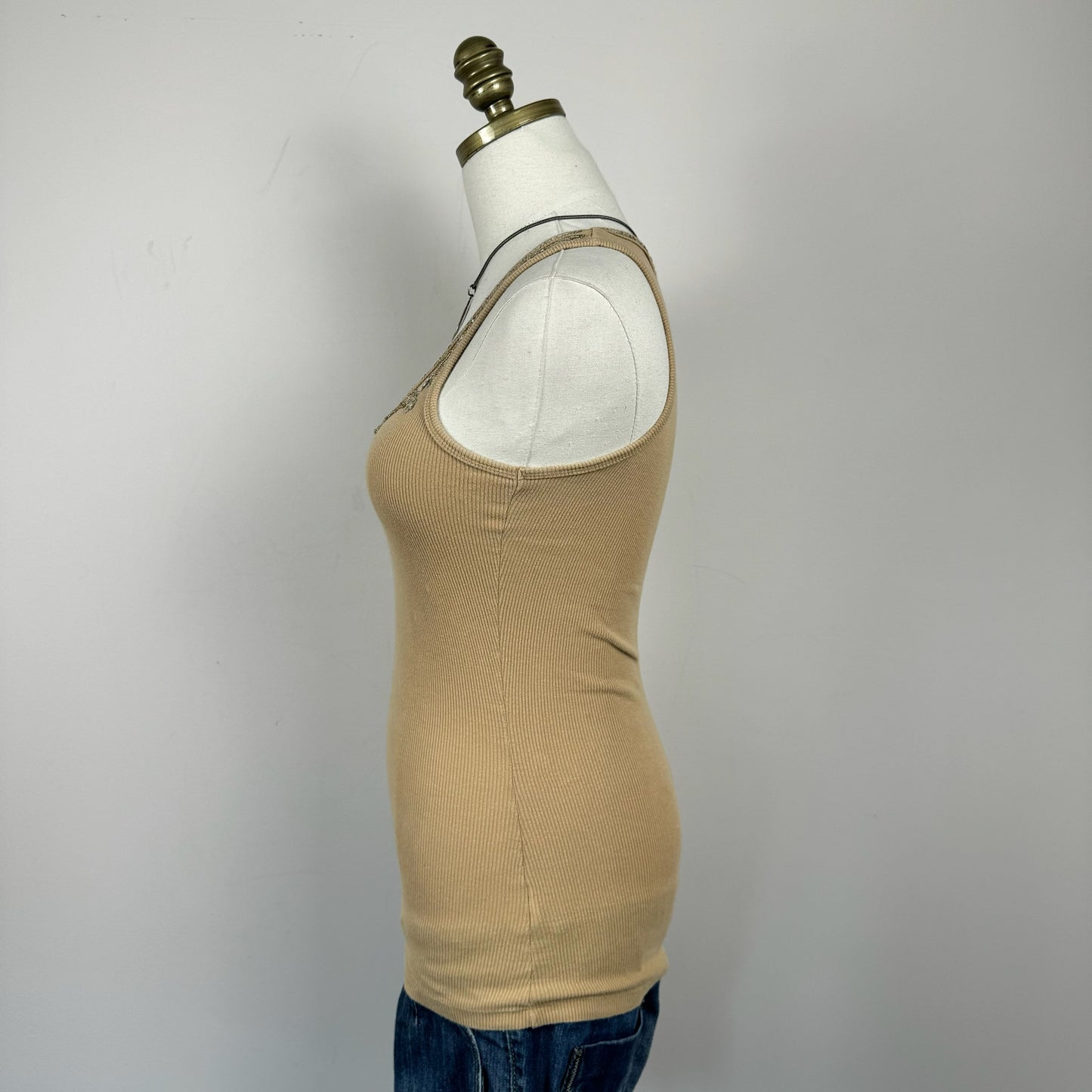 Fitted Beaded Beige Ribbed Knit Tank Top
