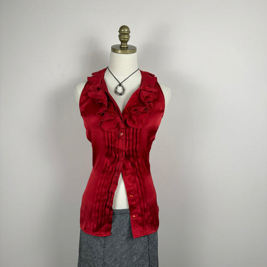 Vintage Ruffled Red Satin Top