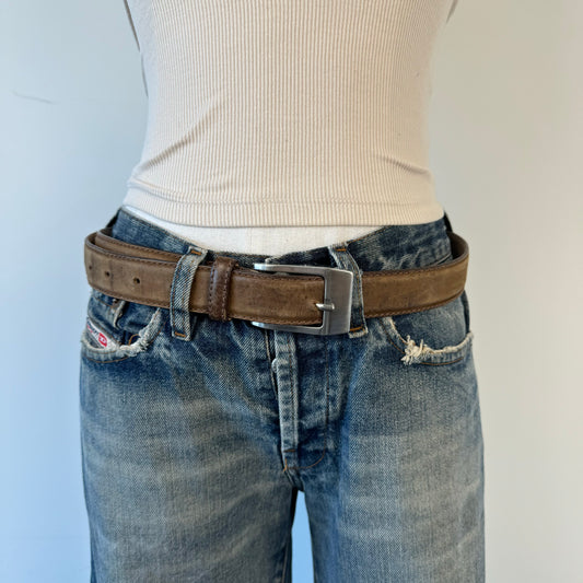 Light Brown Leather Silver Buckle Belt