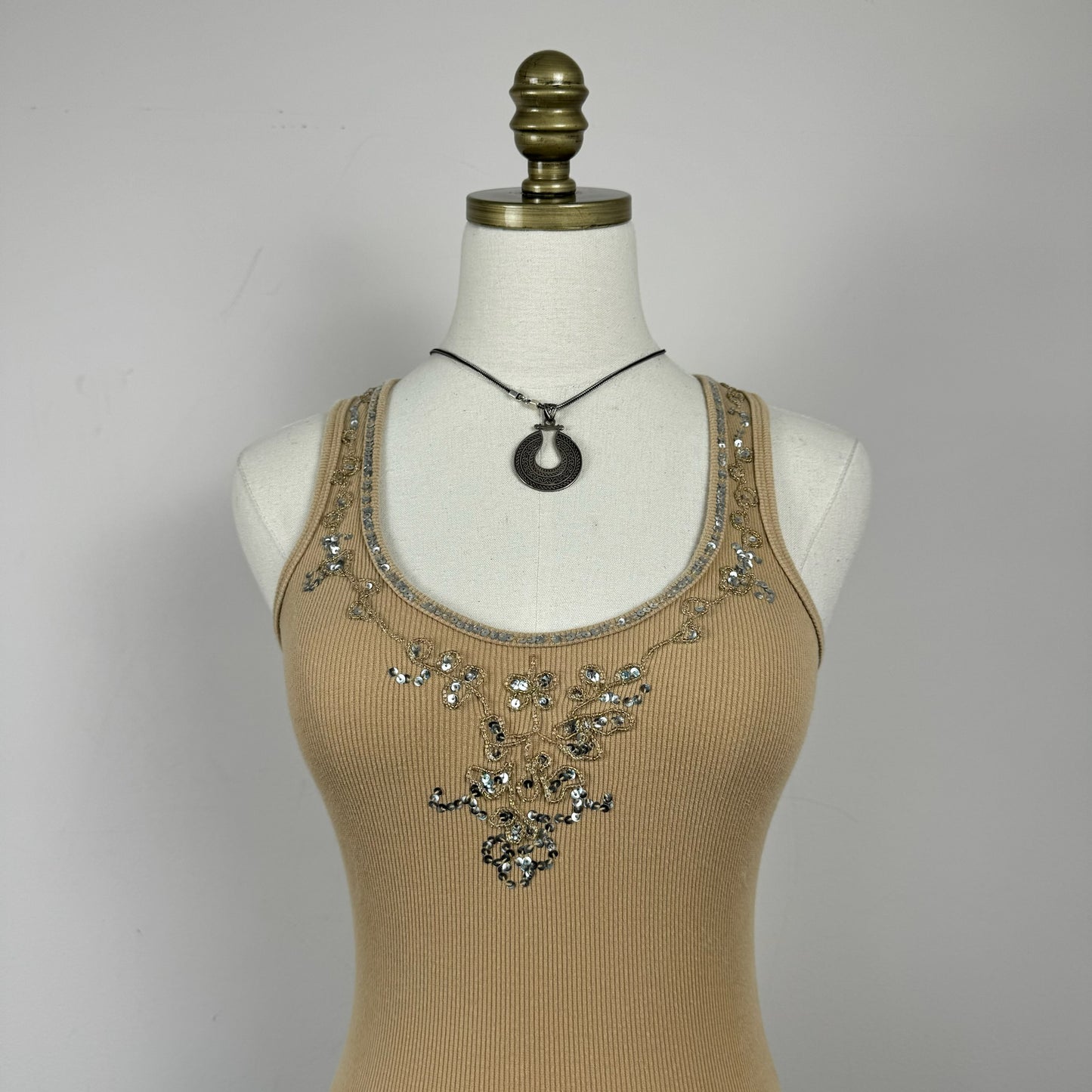 Fitted Beaded Beige Ribbed Knit Tank Top
