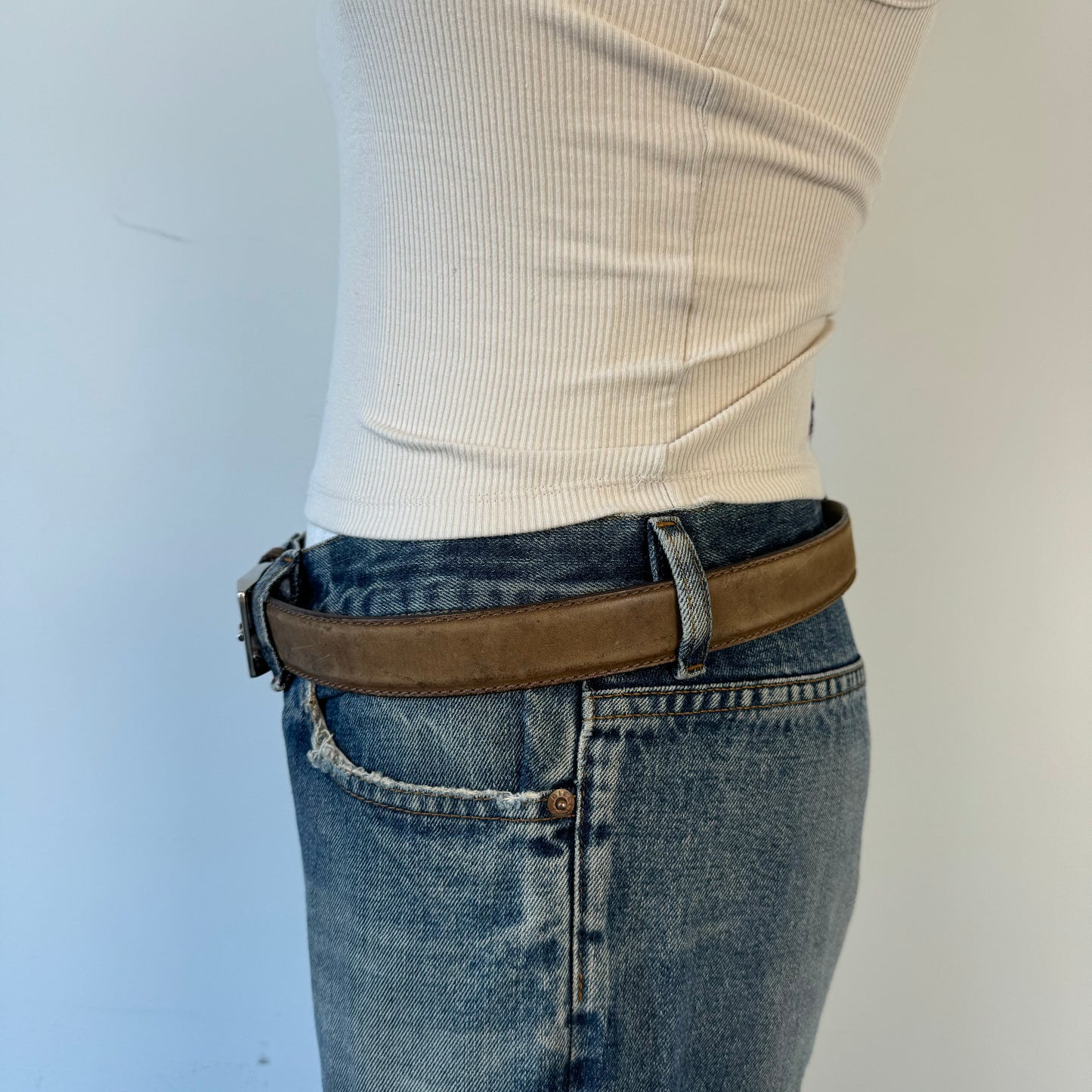 Light Brown Leather Silver Buckle Belt