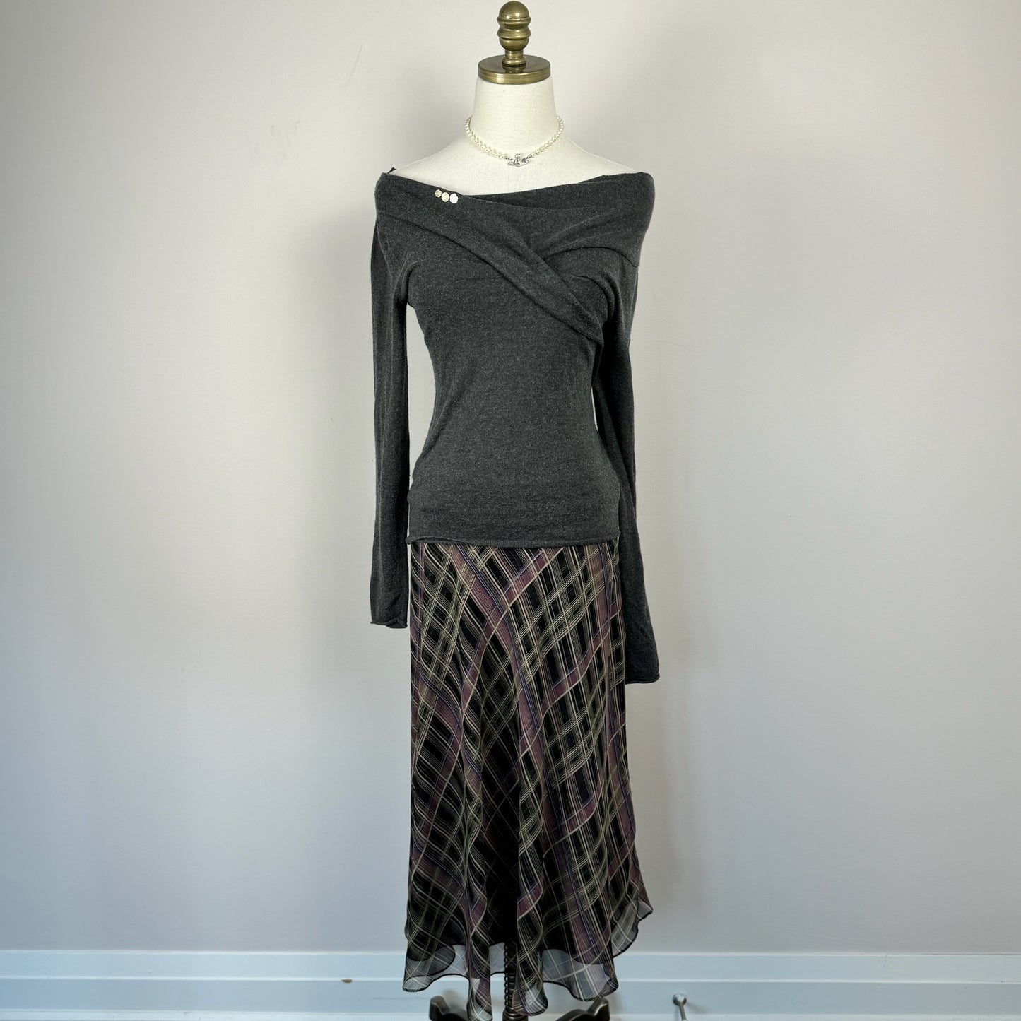 Vintage Plaid Chiffon Midi Skirt