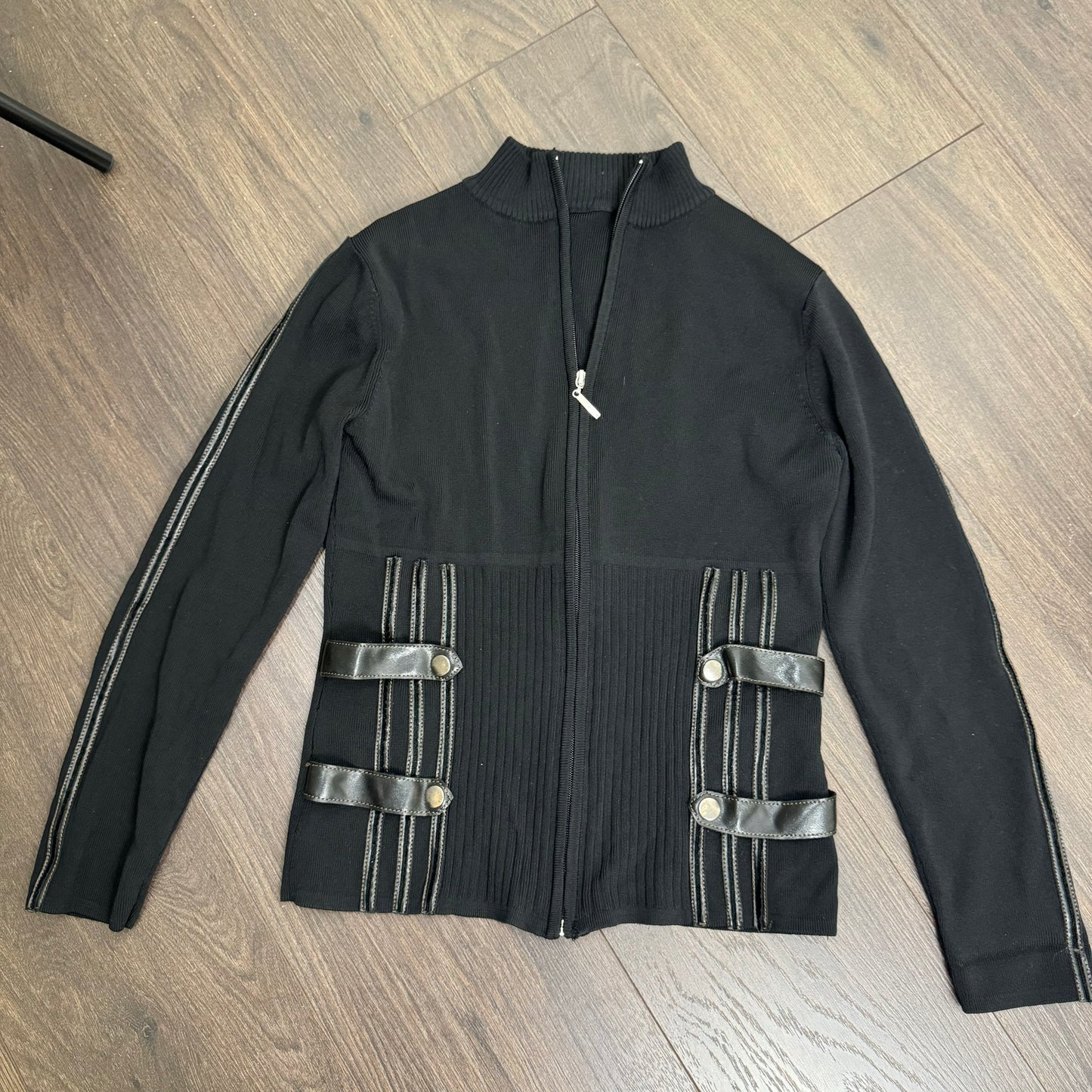 Black Fitted Zip Up Sweater Buckle Detail