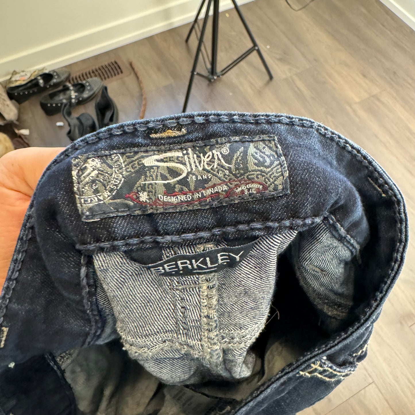 Silver Low Rise Dark Wash Straight Cut Jeans
