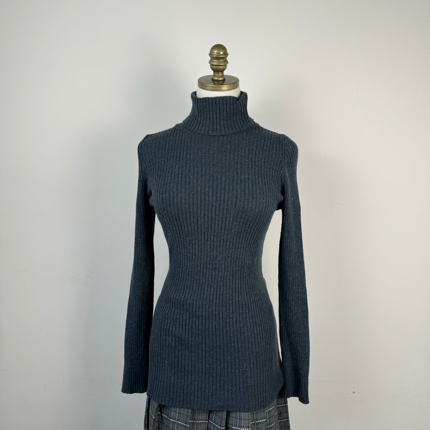 Blue Grey Fitted Turtleneck Knit Sweater