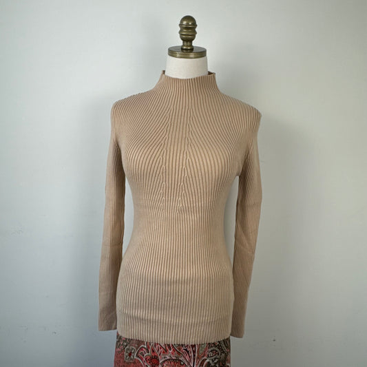 Fitted Beige Long Sleeve Mock Neck Sweater