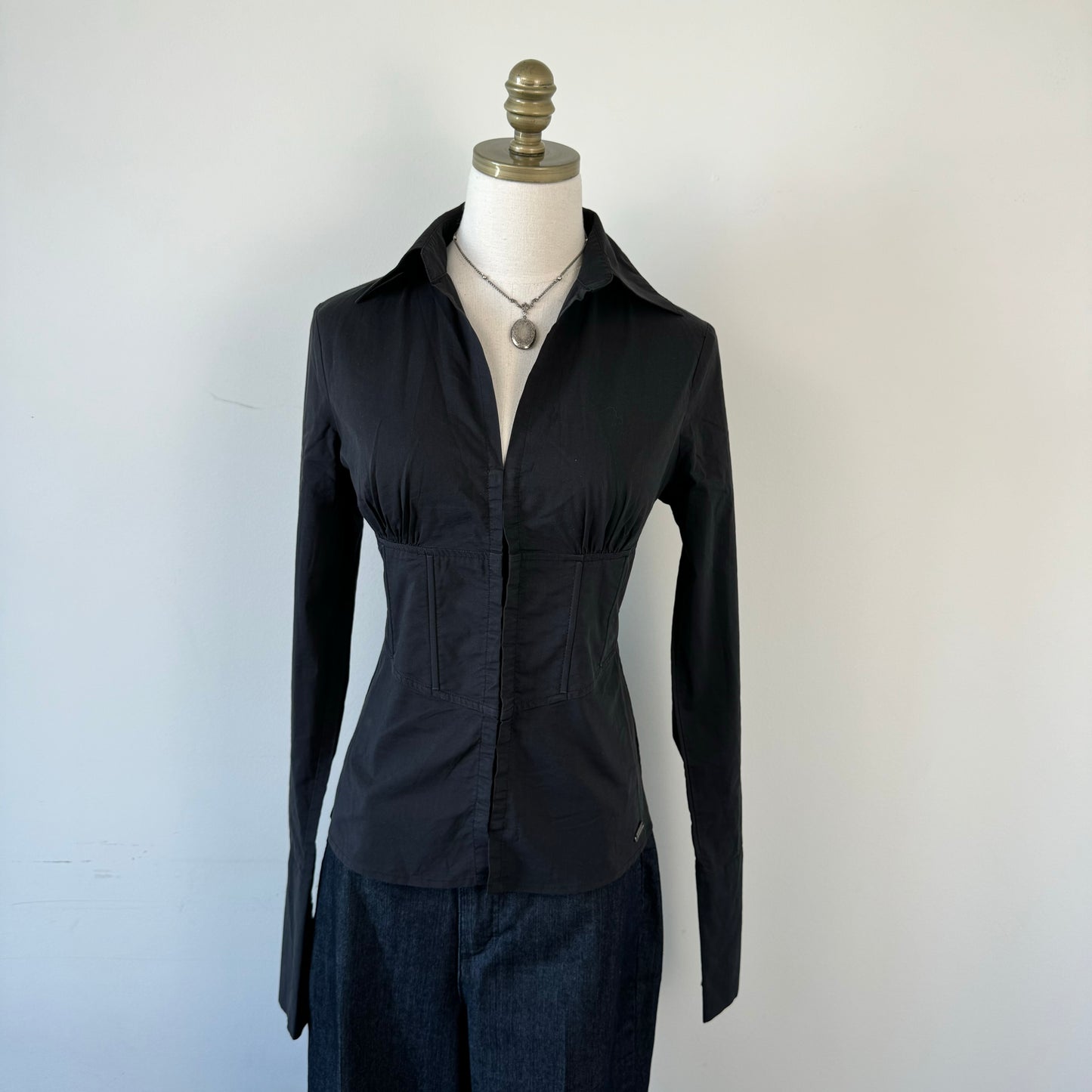 Black Fitted Corset Collared Top