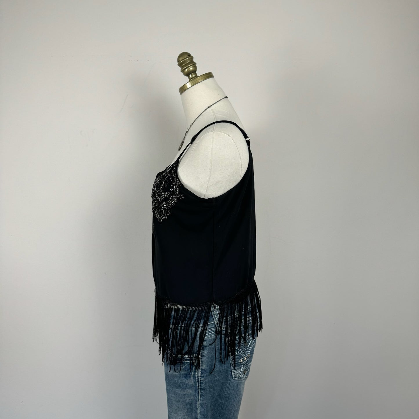 Black Beaded Sleeveless Top with Fringe