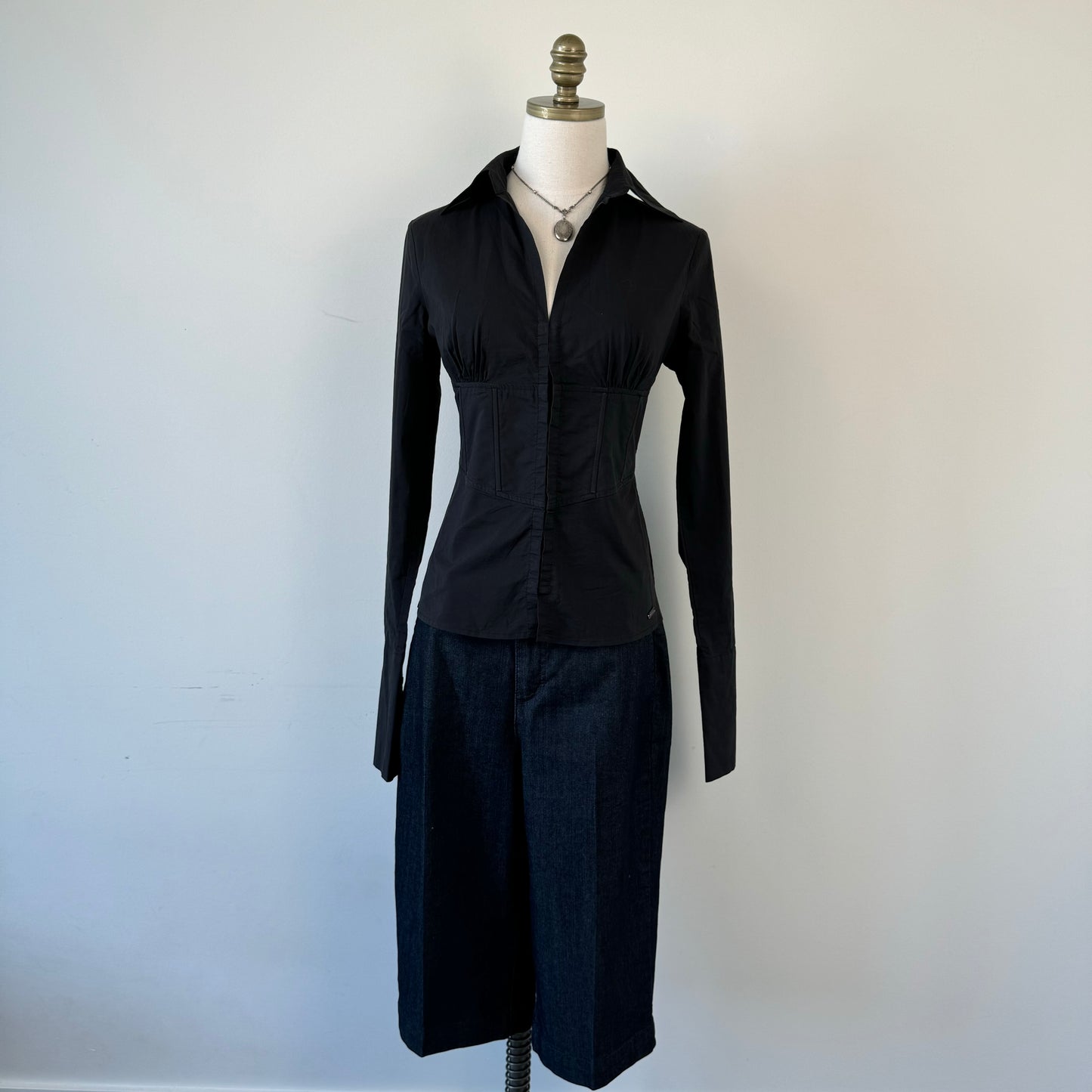 Black Fitted Corset Collared Top