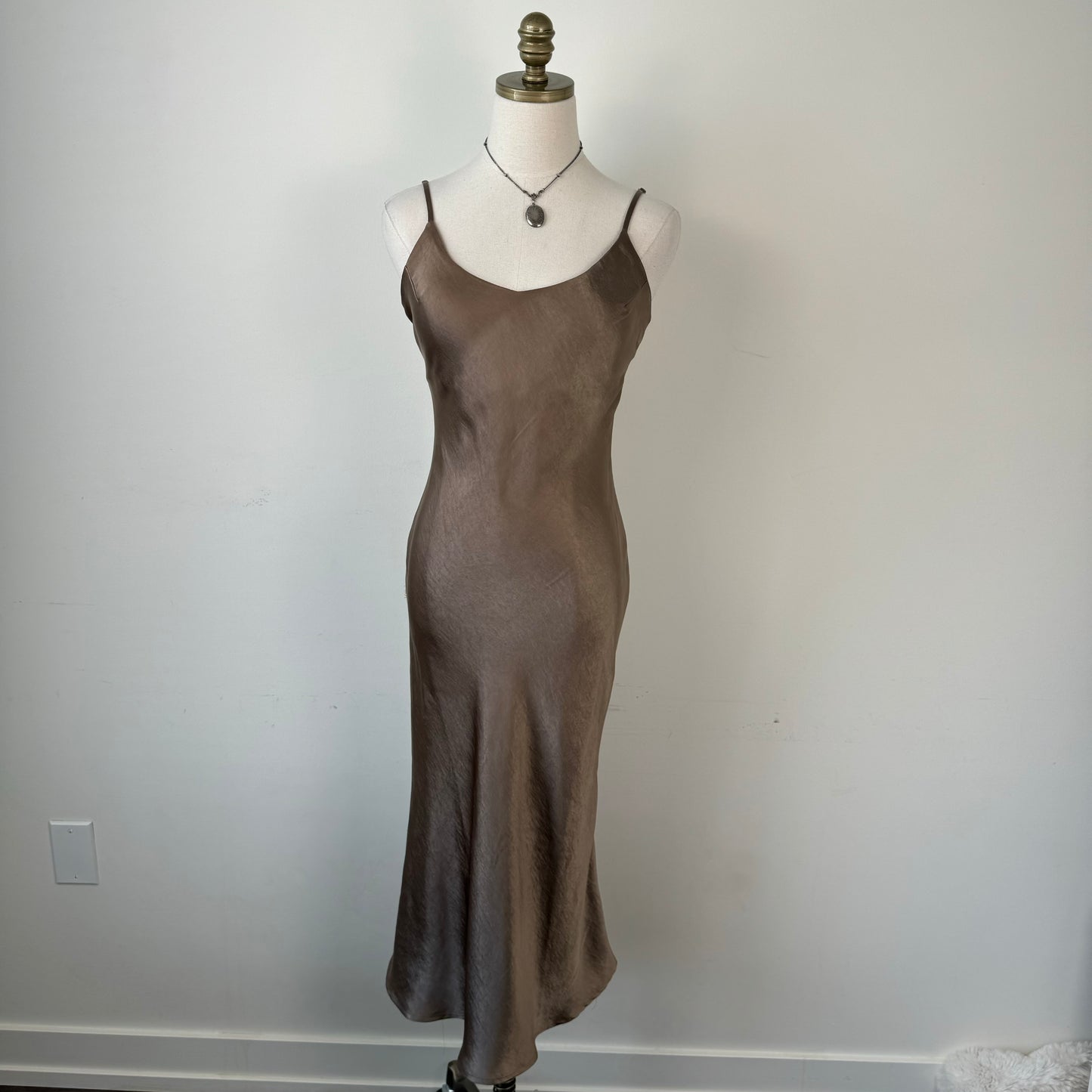 Brown Satin Midi Dress
