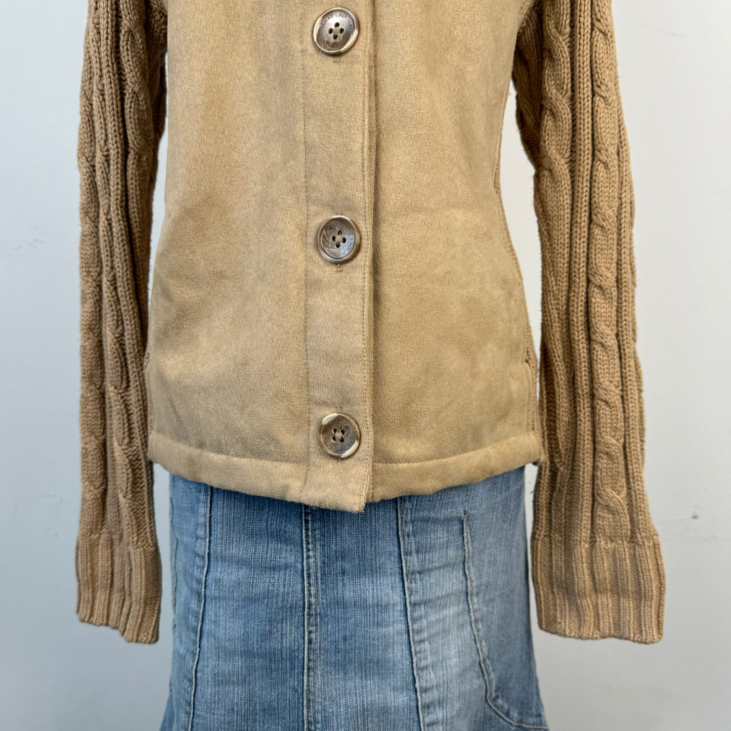 Vintage Tan Suede Cable Knit Button Up Jacket