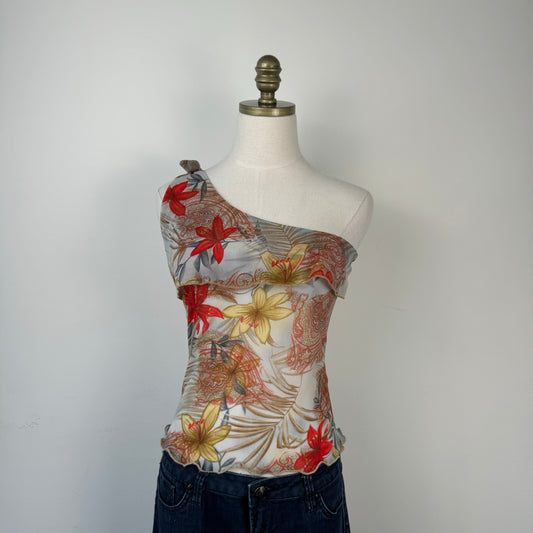 Vintage One Shoulder Floral Print Top