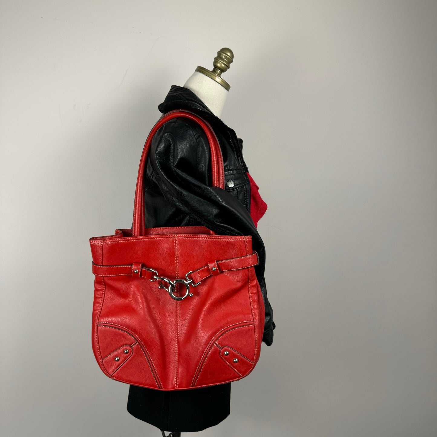 Red Leather Silver Buckle Shoulder Bag