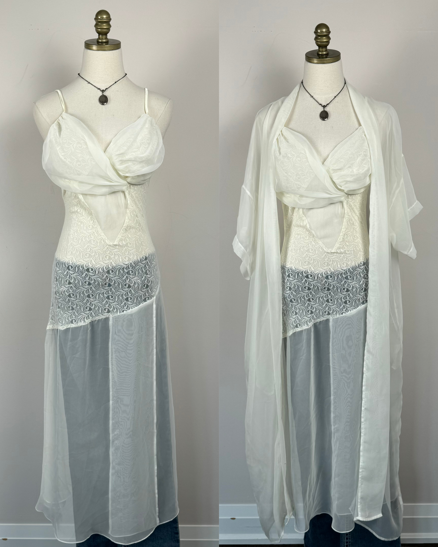 Vintage Cream Lace Sheer Slip Dress and Cover-Up