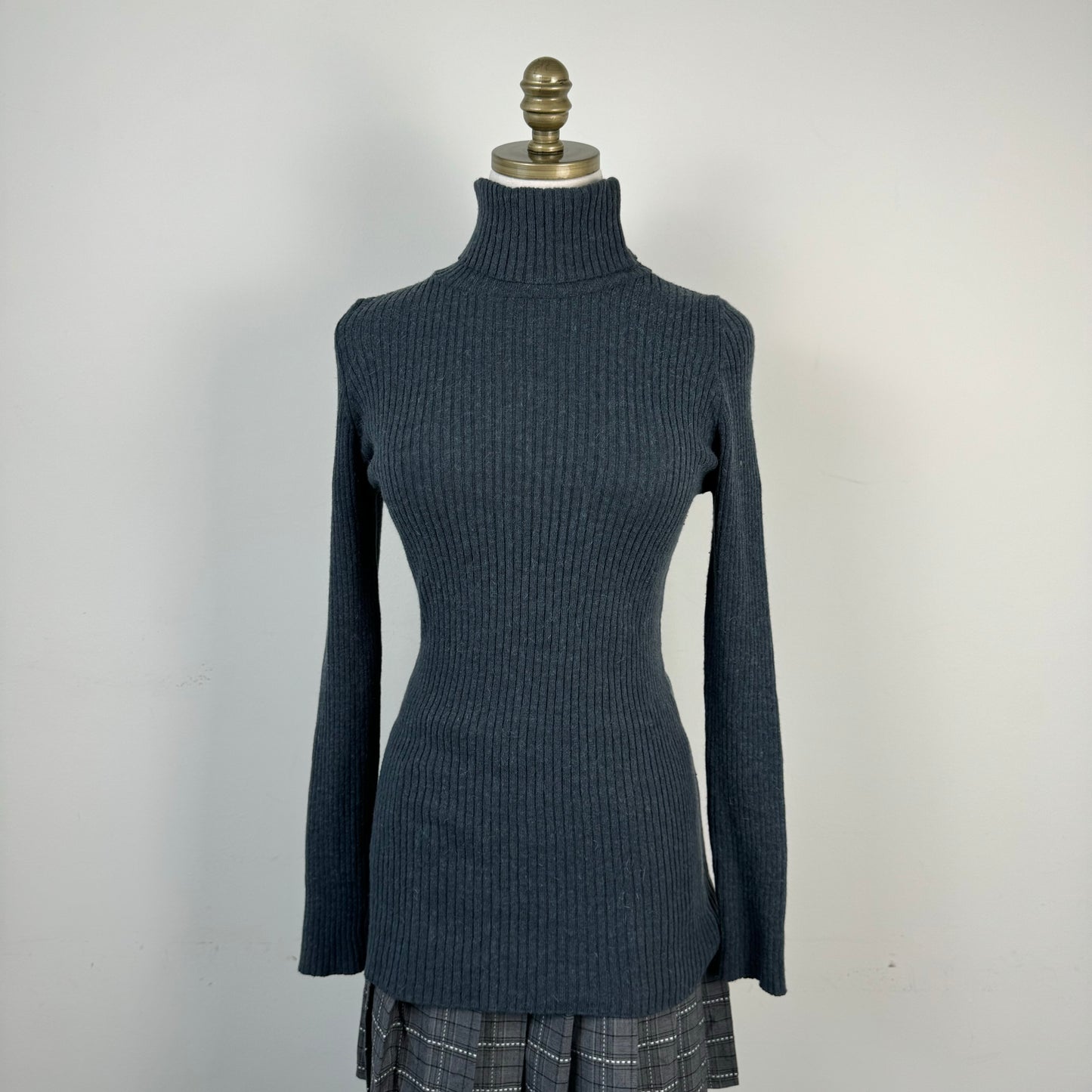 Blue Grey Fitted Turtleneck Knit Sweater
