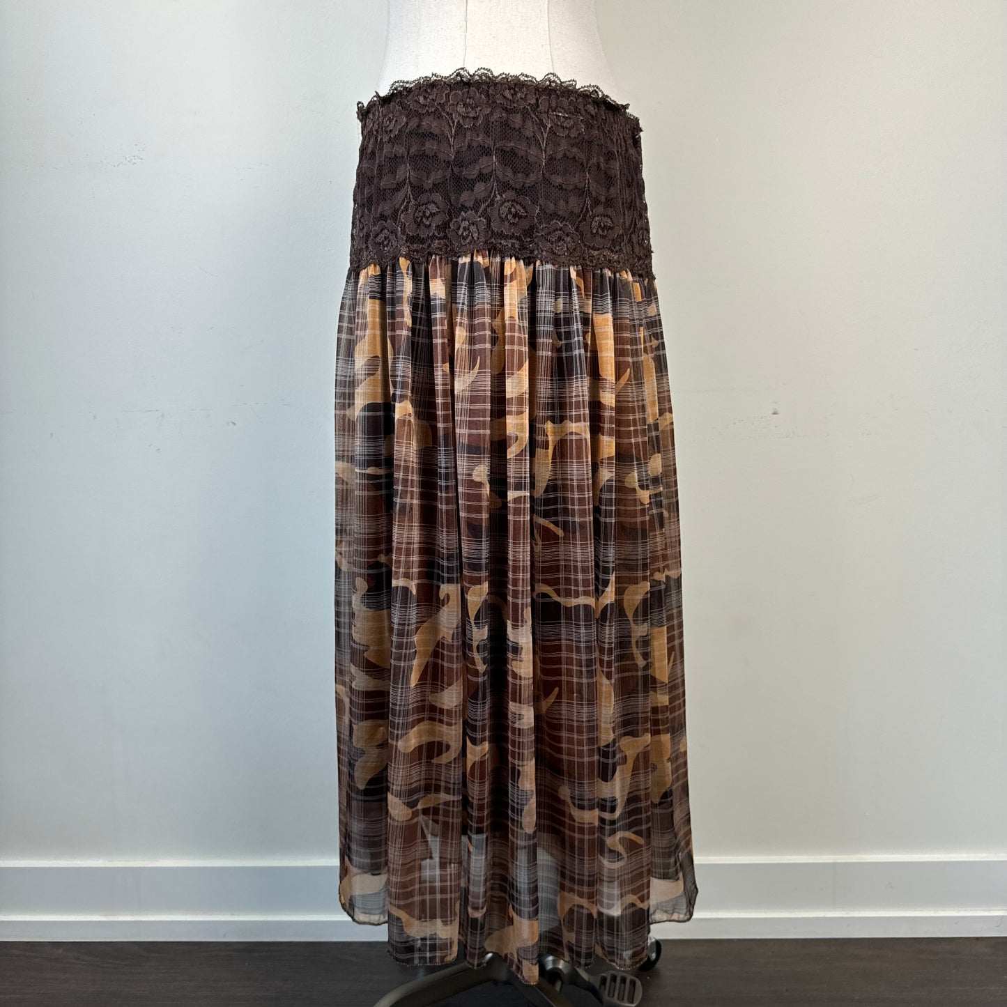 Brown Lace Trim Plaid Chiffon Maxi Skirt