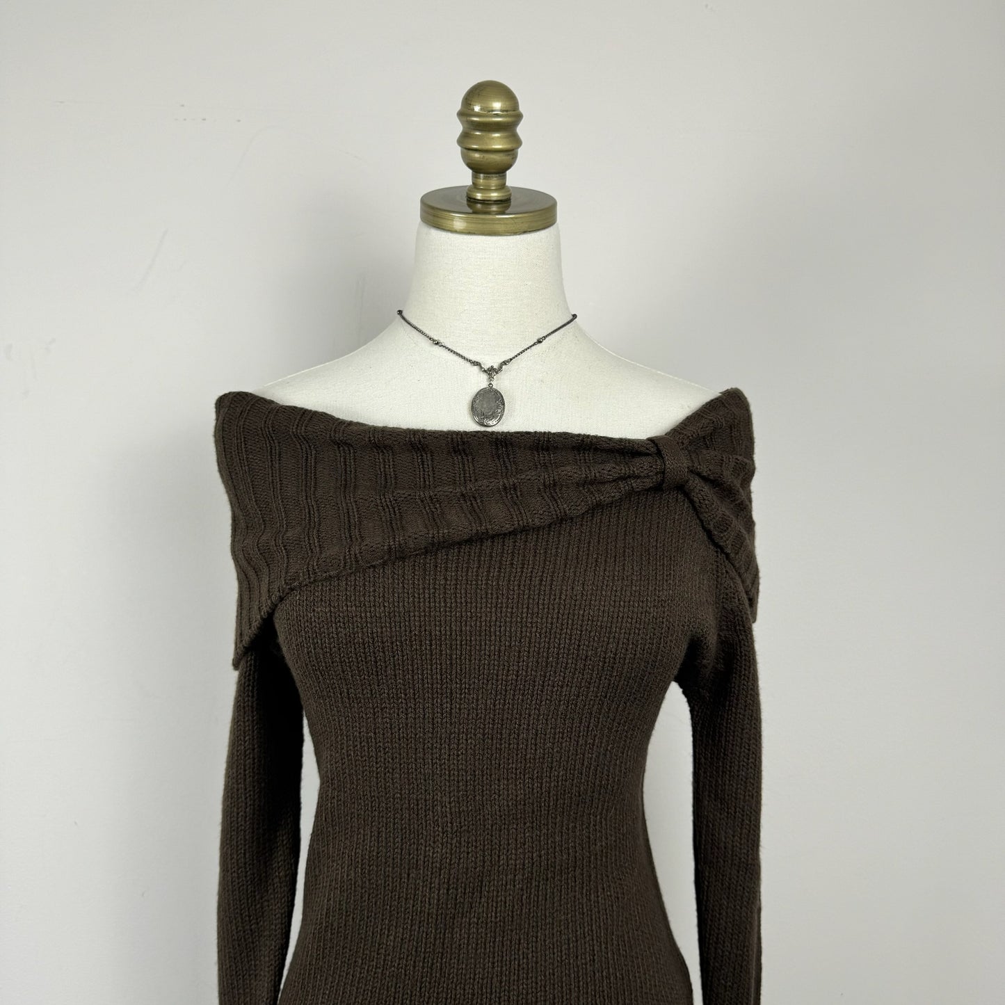 Brown Off The Shoulder Long Sweater/Mini Dress