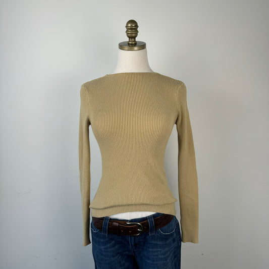 Fitted High Neck Ribbed Knit Long Sleeve Top