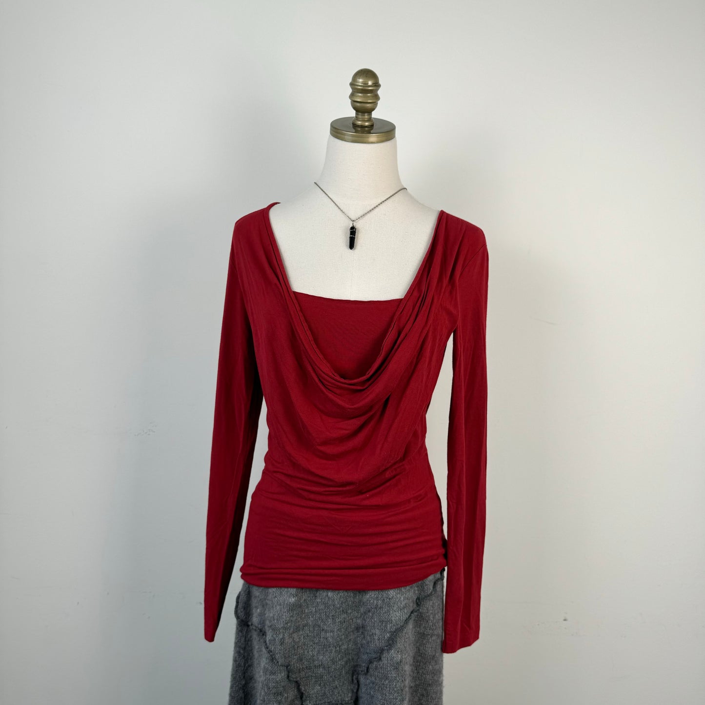 Red Slinky Off Shoulder / Cowl Neck Long Sleeve Top