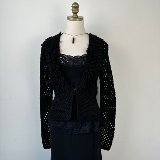 Black Open Front Mesh Crochet Sweater