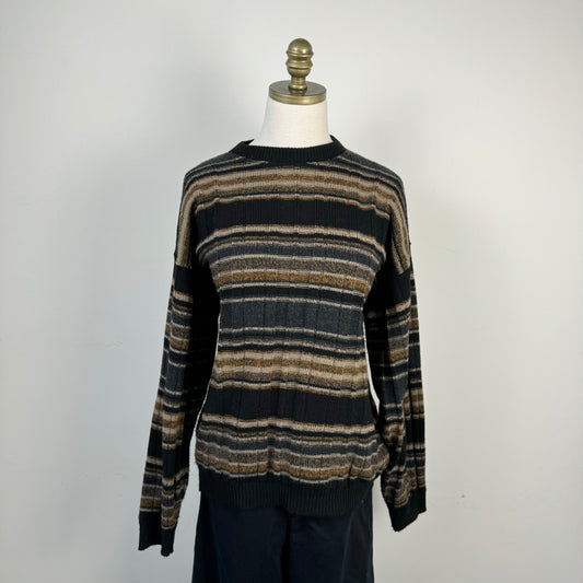 Brown and Black Striped Crewneck Sweater