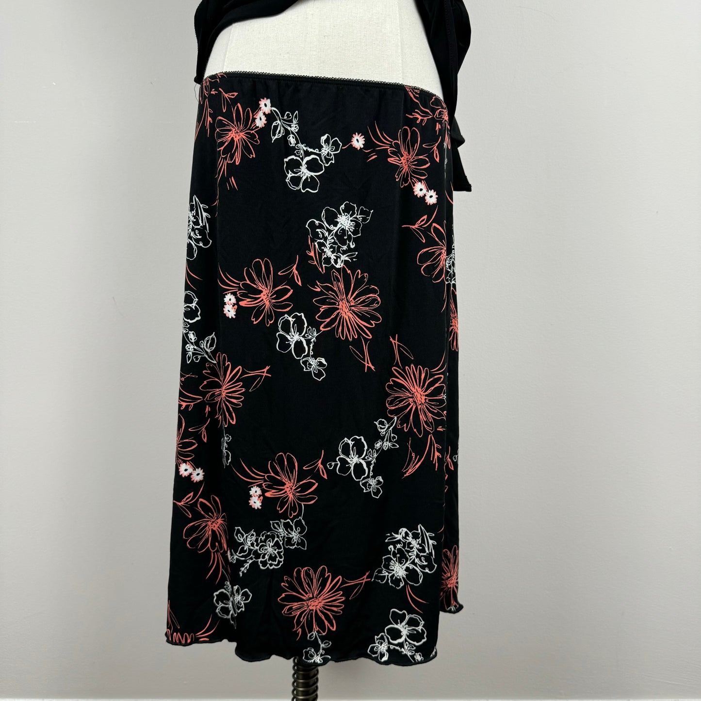 Black Floral Print Midi Skirt