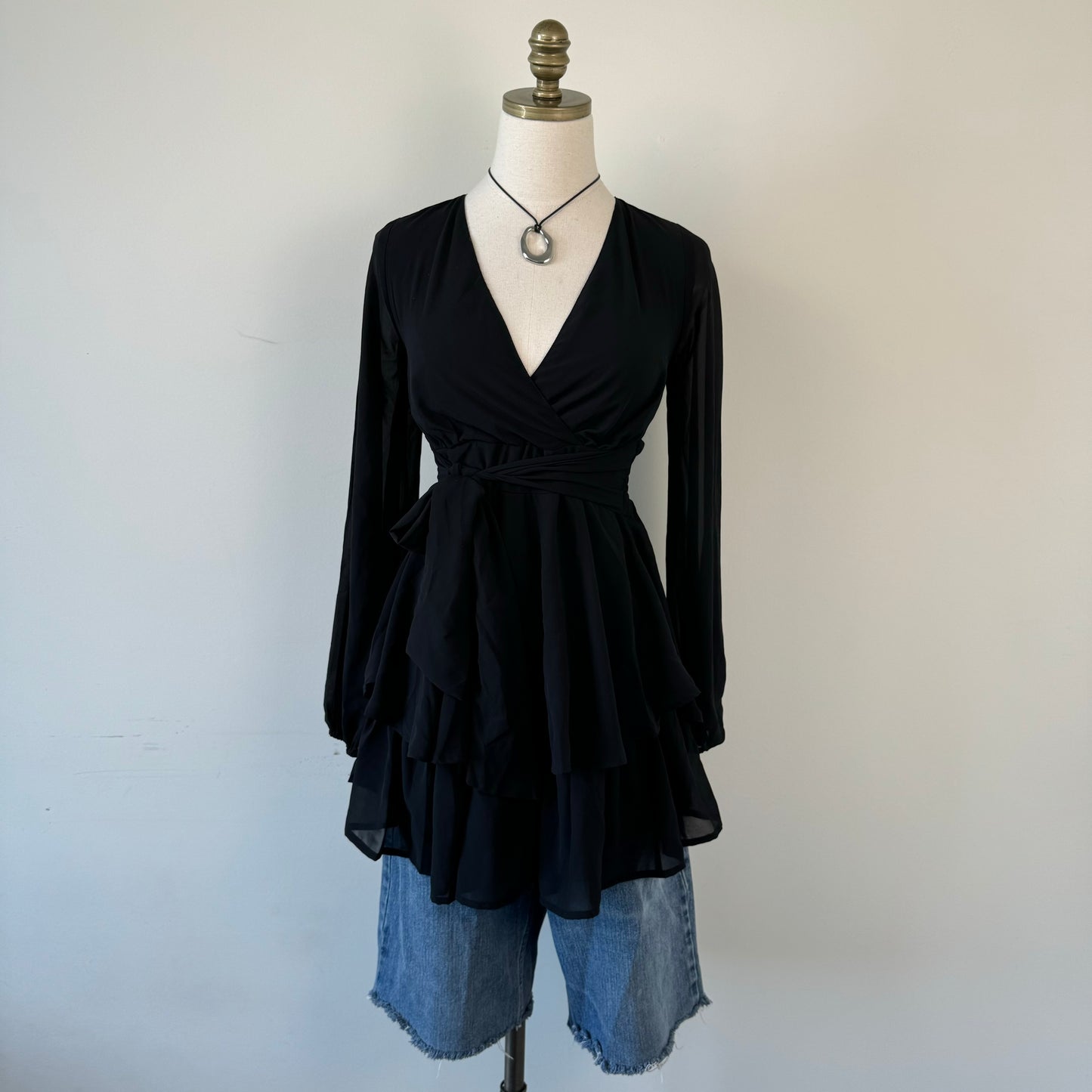 Black Chiffon Ruffled Mini Dress