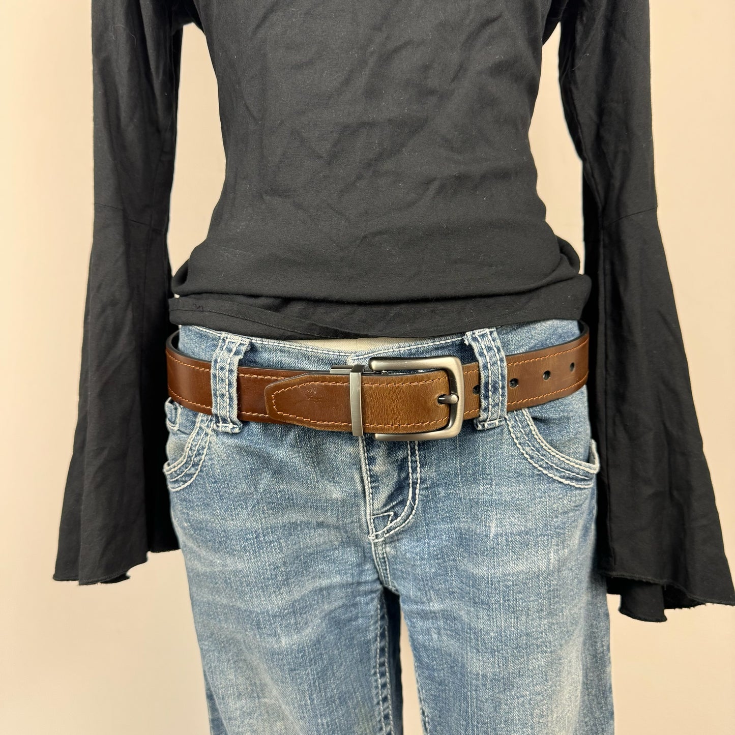 Chunky Brown Faded Silver Buckle Leather Belt