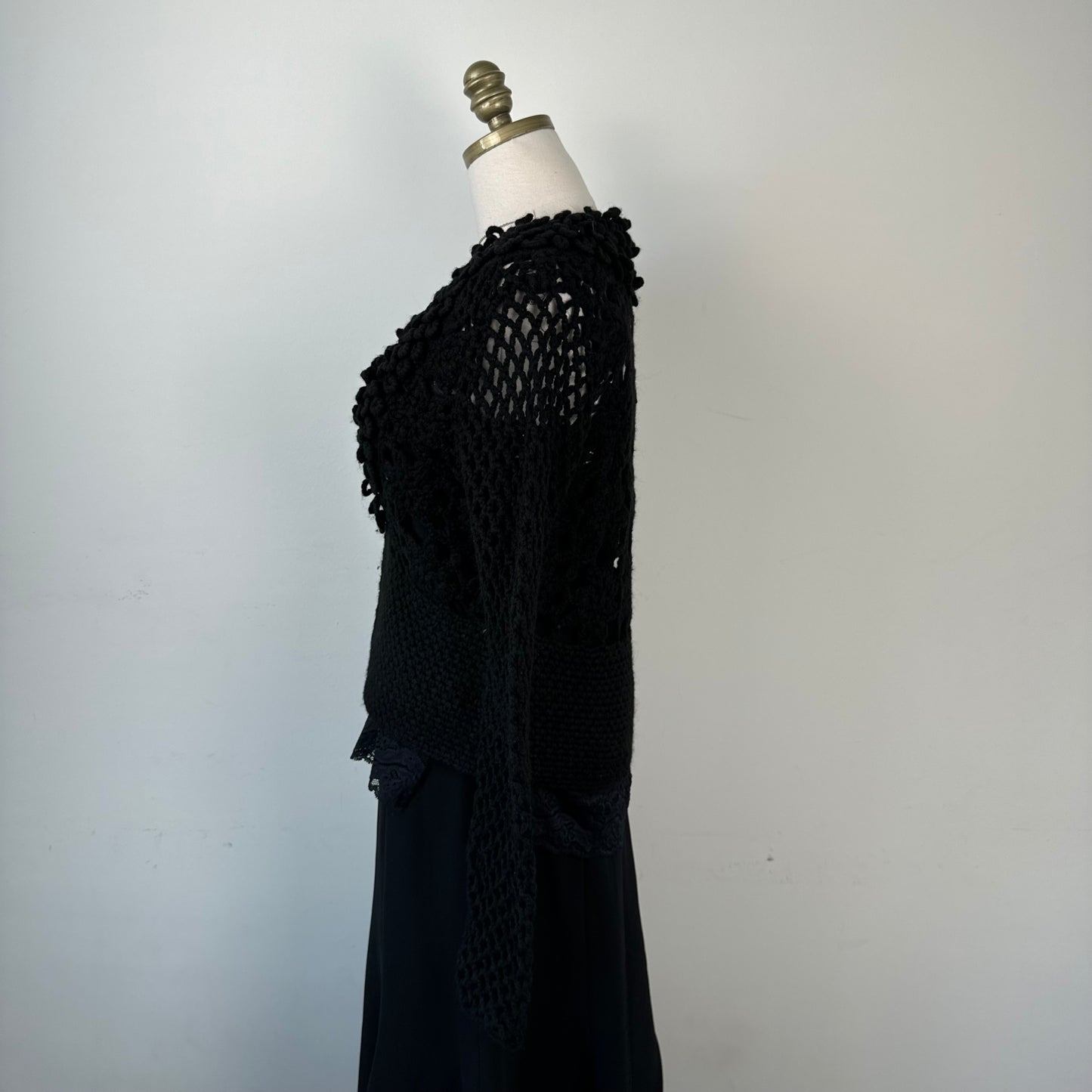 Black Open Front Mesh Crochet Sweater