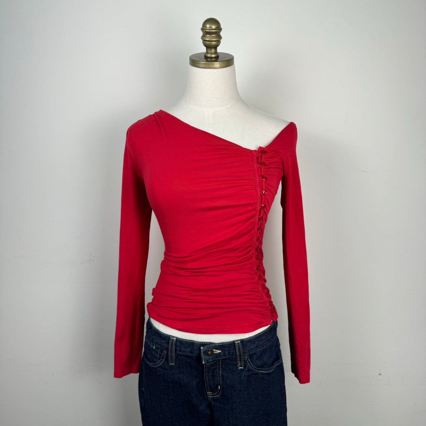Asymmetric Fitted Red Long Sleeve Top