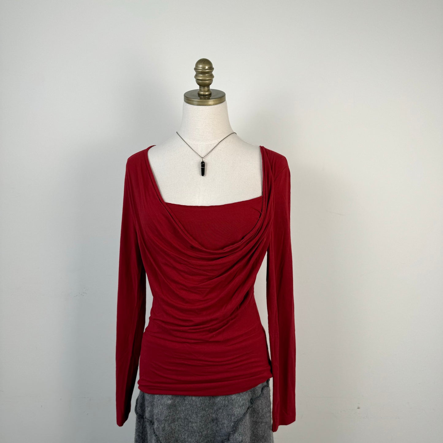 Red Slinky Off Shoulder / Cowl Neck Long Sleeve Top