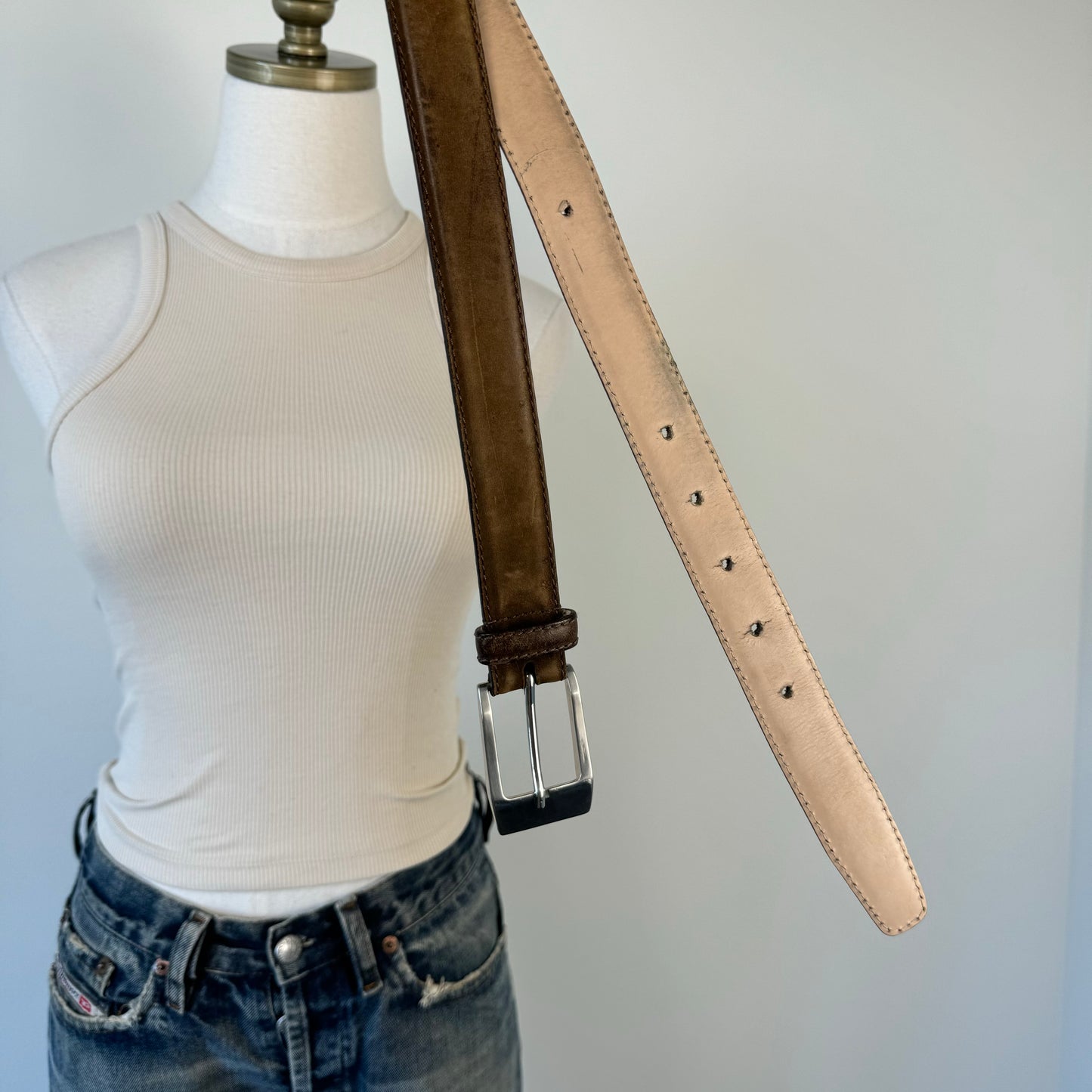 Light Brown Leather Silver Buckle Belt