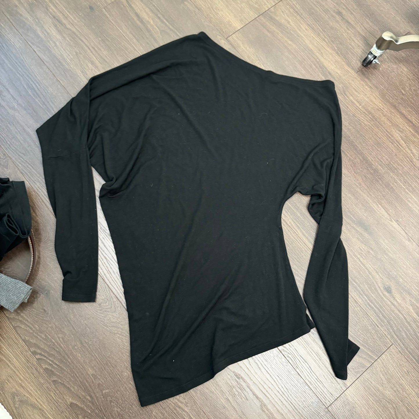 Black Asymmetric Draped Off Shoulder Long Sleeve Top