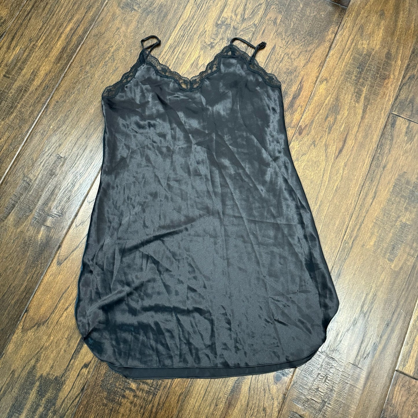 Black Silky Lace Trim Slip Dress