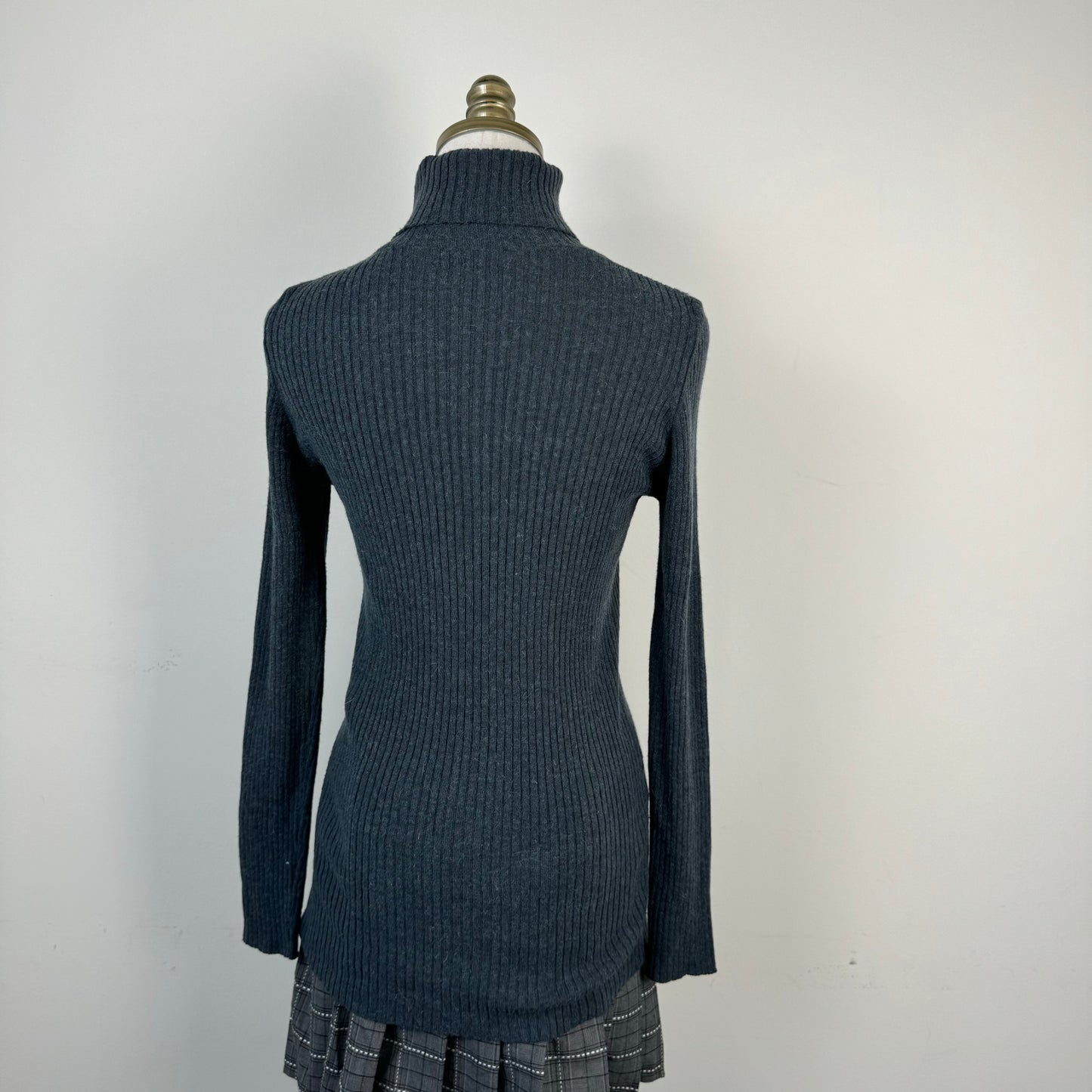 Blue Grey Fitted Turtleneck Knit Sweater