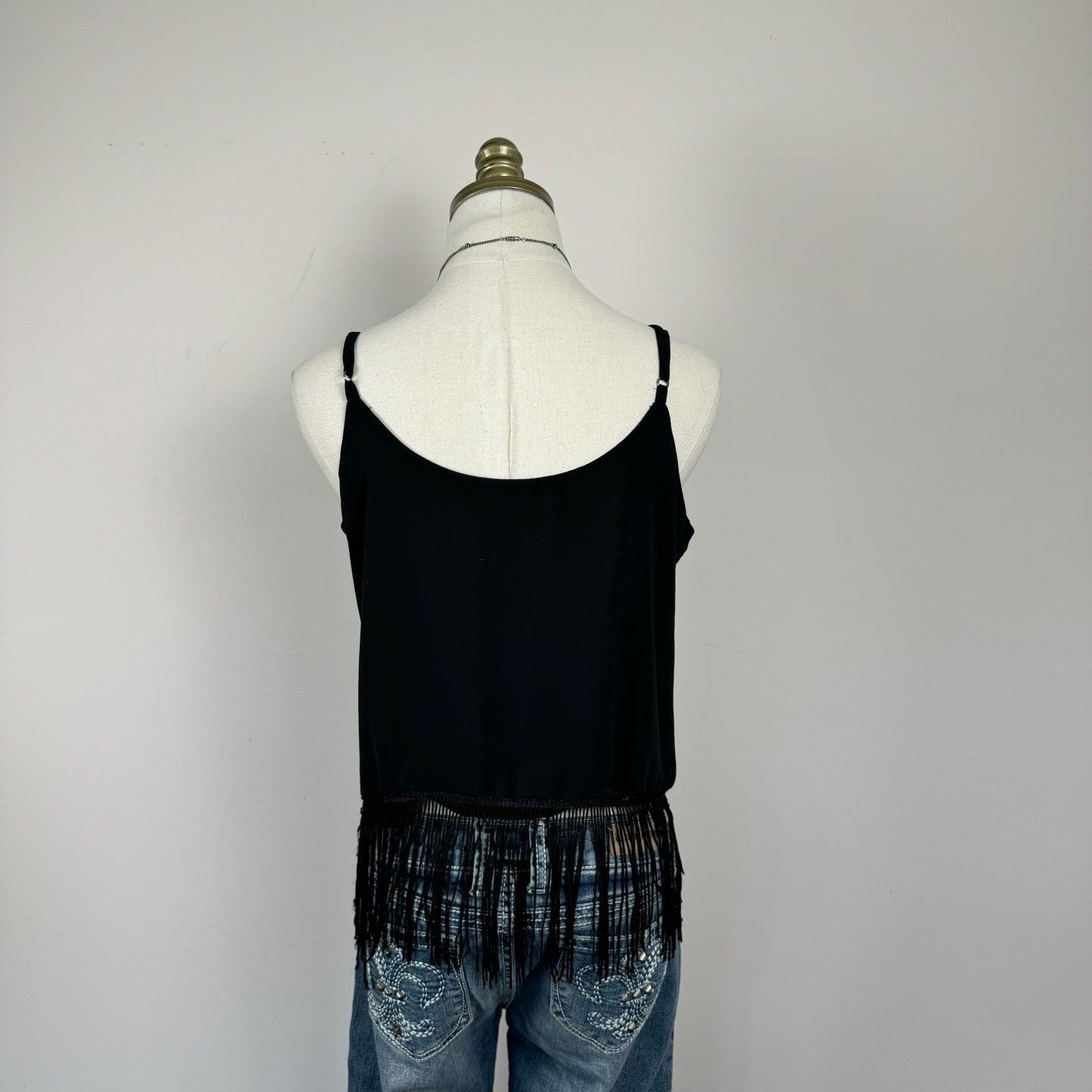 Black Beaded Sleeveless Top with Fringe