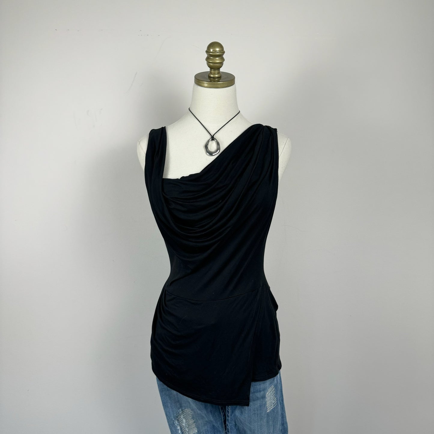 BCBG Black Off Shoulder Asymmetric Cowl Neck Top