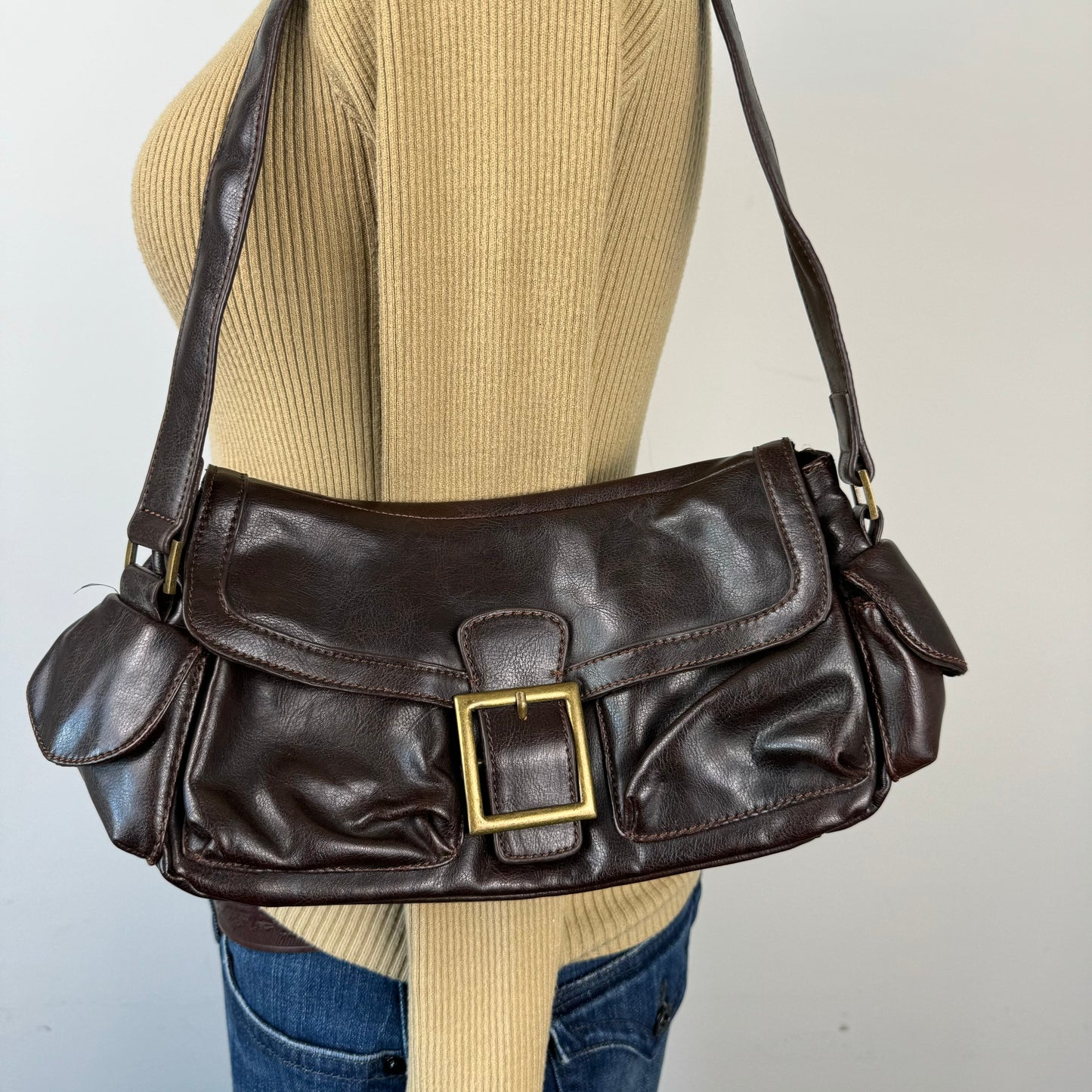 Brown Mini Shoulder Bag with Gold Buckle