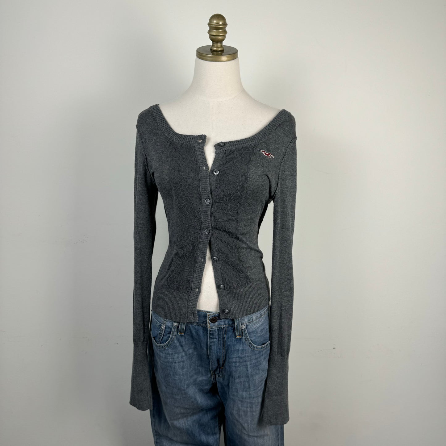 Dark Grey Lace Floral Button Up Cardigan