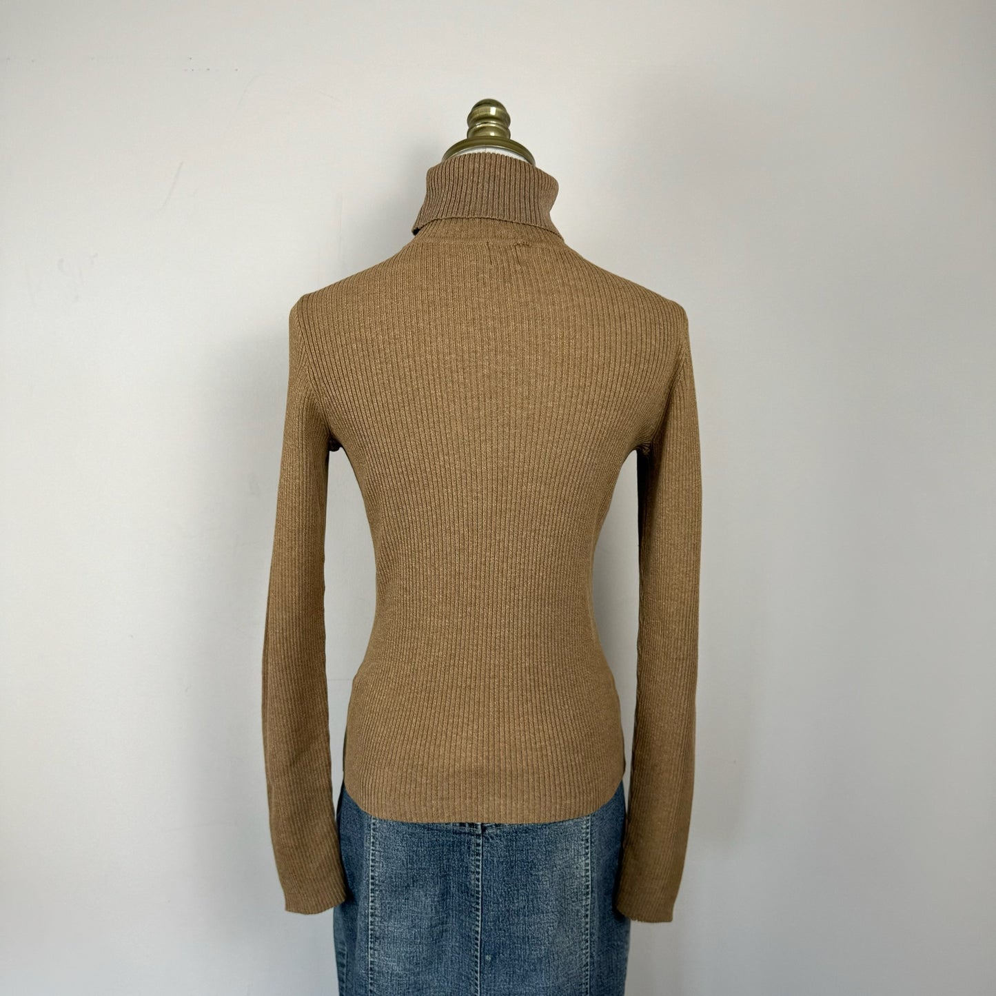Sand Brown Ribbed Knit Turtleneck Sweater