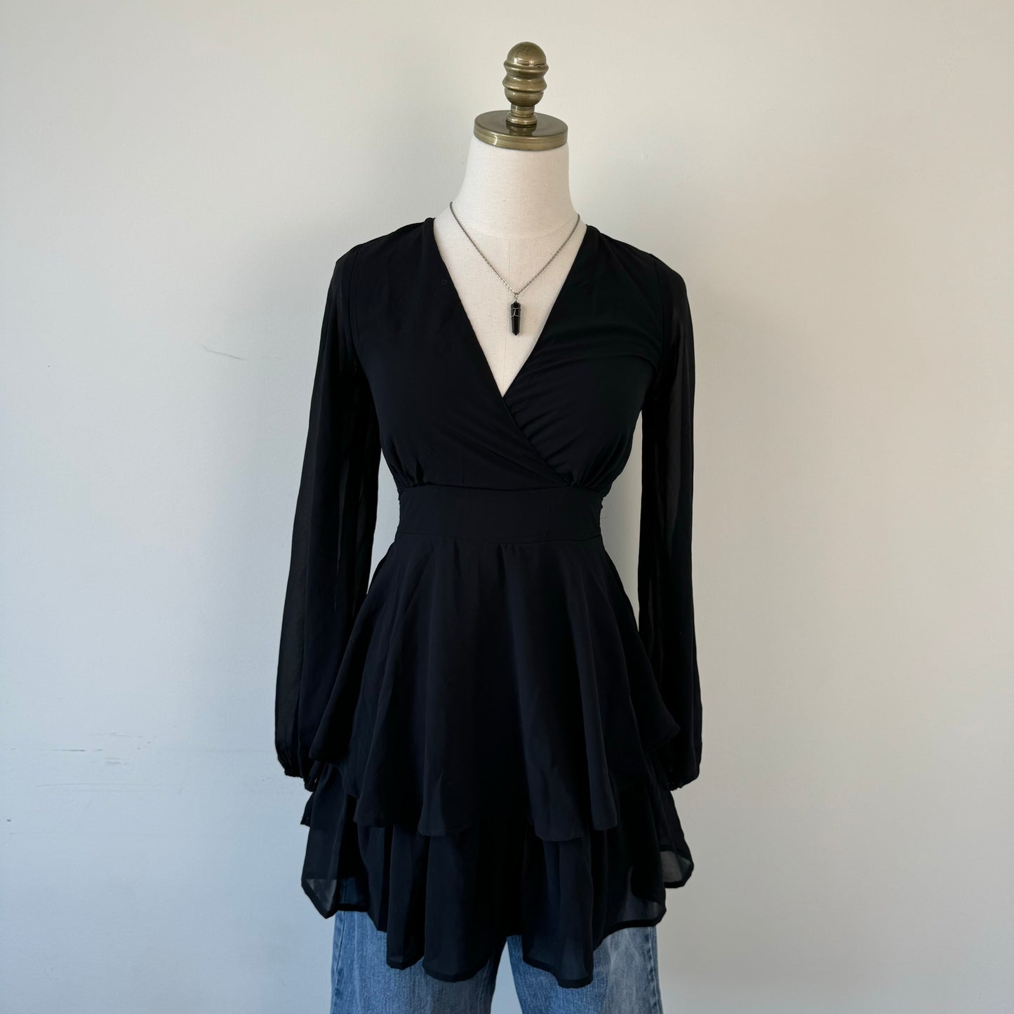 Black Chiffon Ruffled Mini Dress