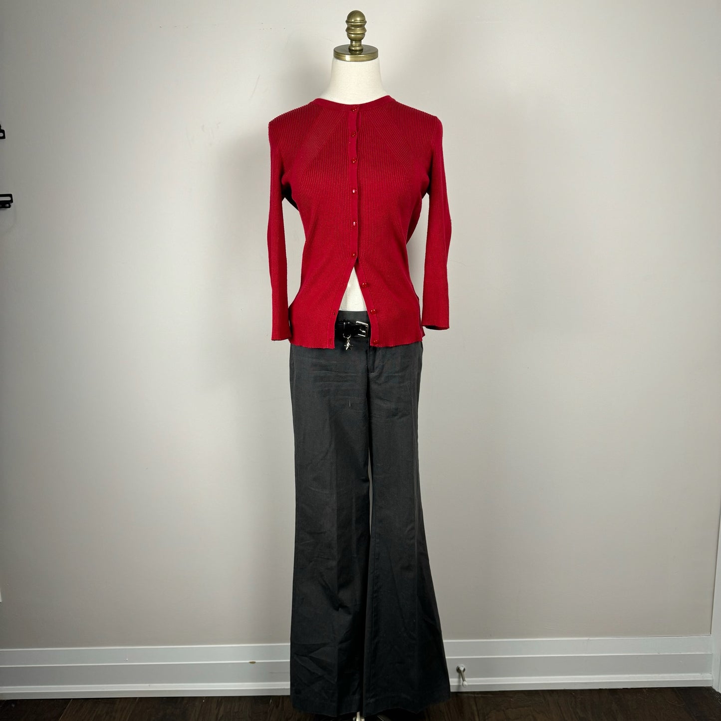Red Ribbed Knit Fitted Cardigan