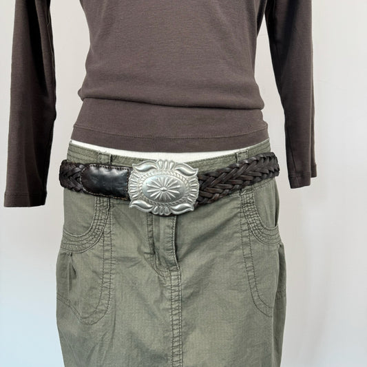 Vintage Cowboy Buckle Brown Woven Leather Belt